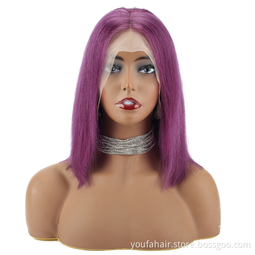 Best Selling Colorful Short Bob Virgin Human Hair HD Lace Front Wig 1B 613 Pink Blue Purple Ombre Colour Hair Curly Bob Lace Wig